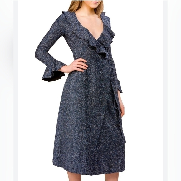 Free People One more time Blue Black Shimmer Ruffle Fluence Midi wrap dress XS - Picture 1 of 13